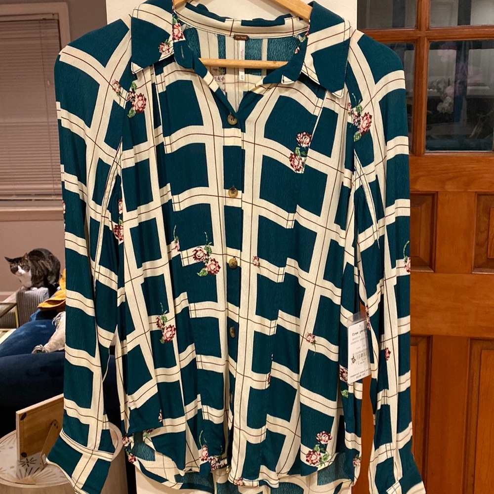 Free People Teal and Cream Checkered Blouse